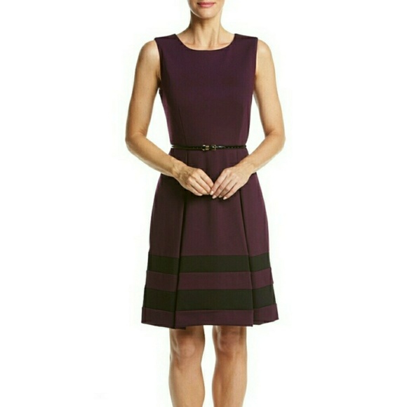 Calvin Klein Belted Pleated Ponte Striped Dress - Picture 3 of 6
